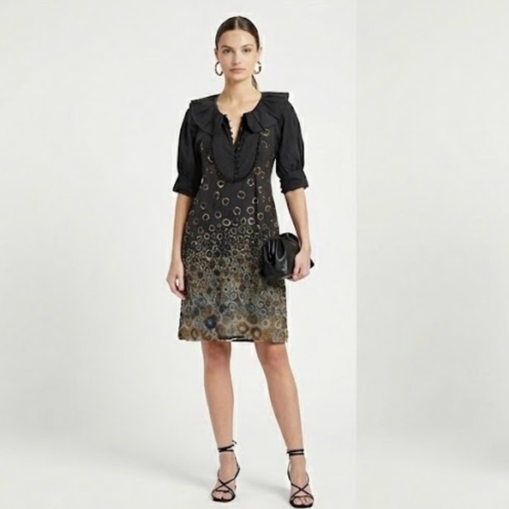 Hoss Intropia Black Metallic Circle Embroidered Ruffle Collar Dress